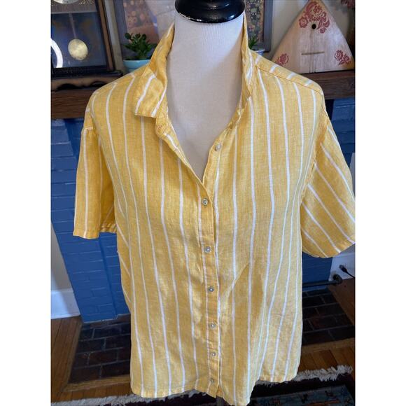 C & C California Top Womens XL 100% LINEN Off Yellow Stripe Button Up Shirt - Picture 3 of 12